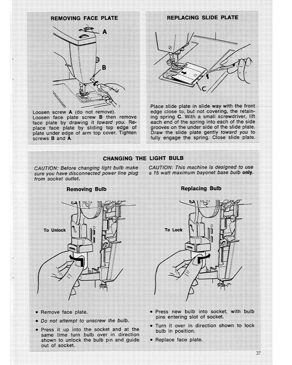 Changing the ught bulb, Removing buib, R^iacing bulb | SINGER 6104 User Manual | Page 39 / 44
