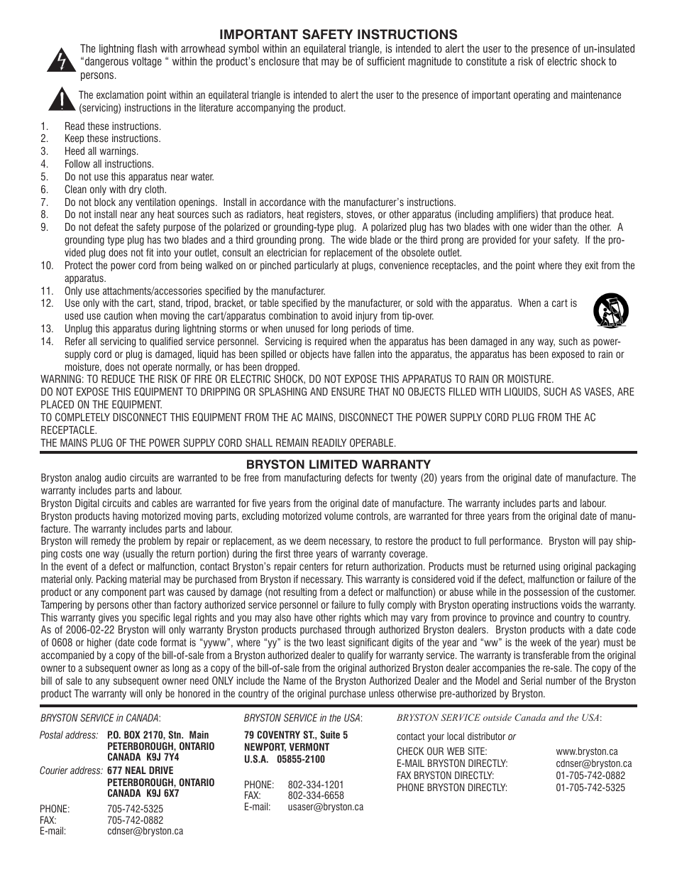 Important safety instructions | Bryston BP26DA User Manual | Page 2 / 8