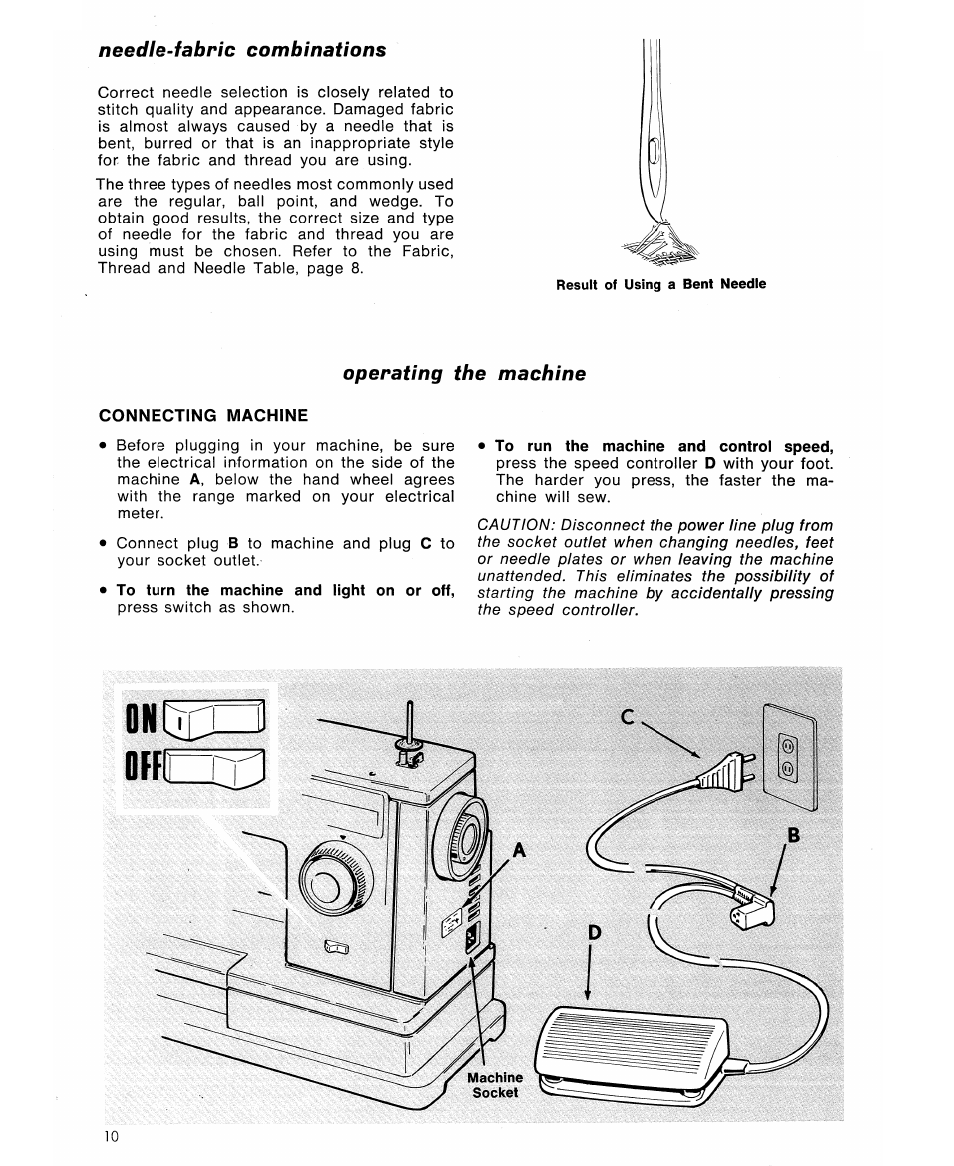 Needle-fabric combinations, Operating the machine, Connecting machine | Needle-fabric combinations operating the machine | SINGER 6105 User Manual | Page 12 / 44