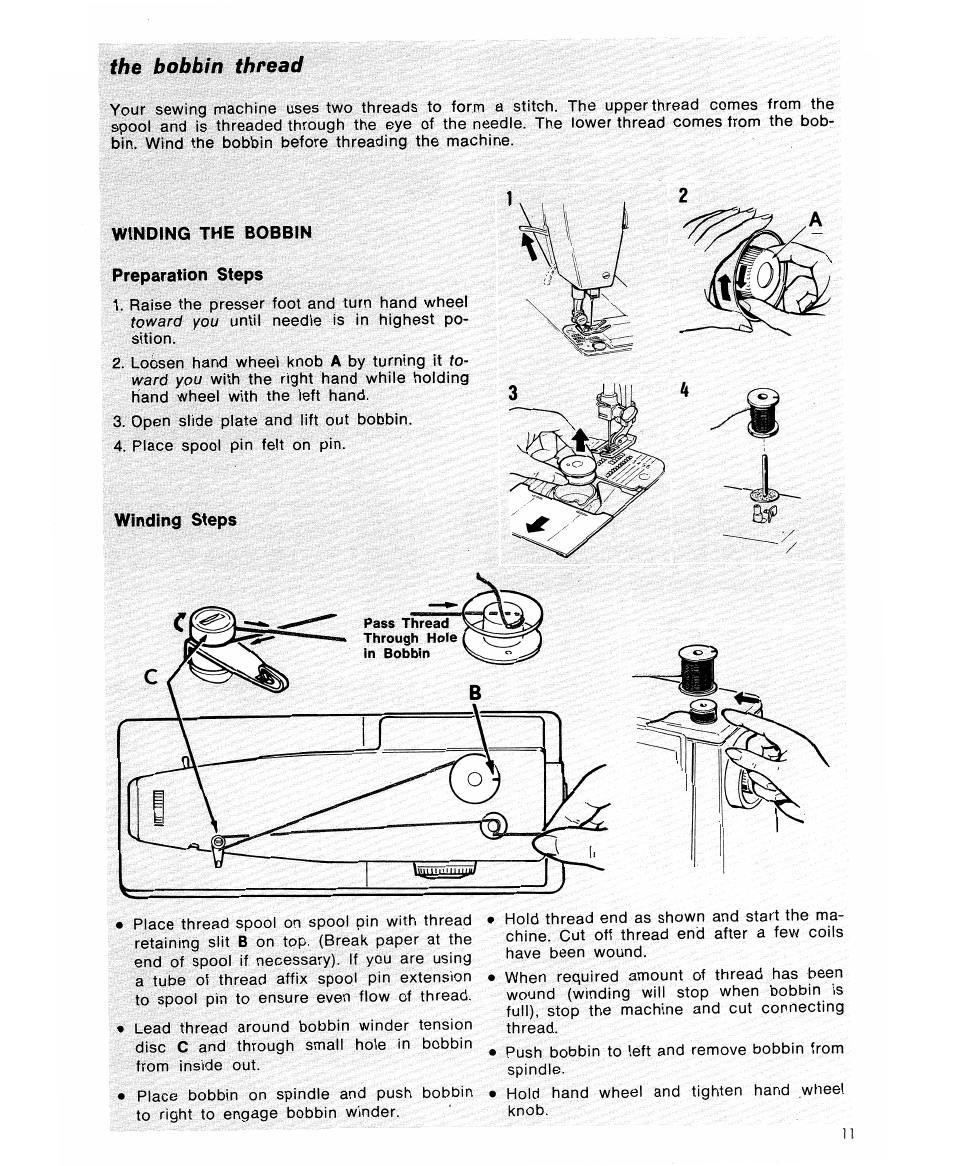 The bobbin thread, Winding the bobbin preparation steps, Winding steps | SINGER 6105 User Manual | Page 13 / 44