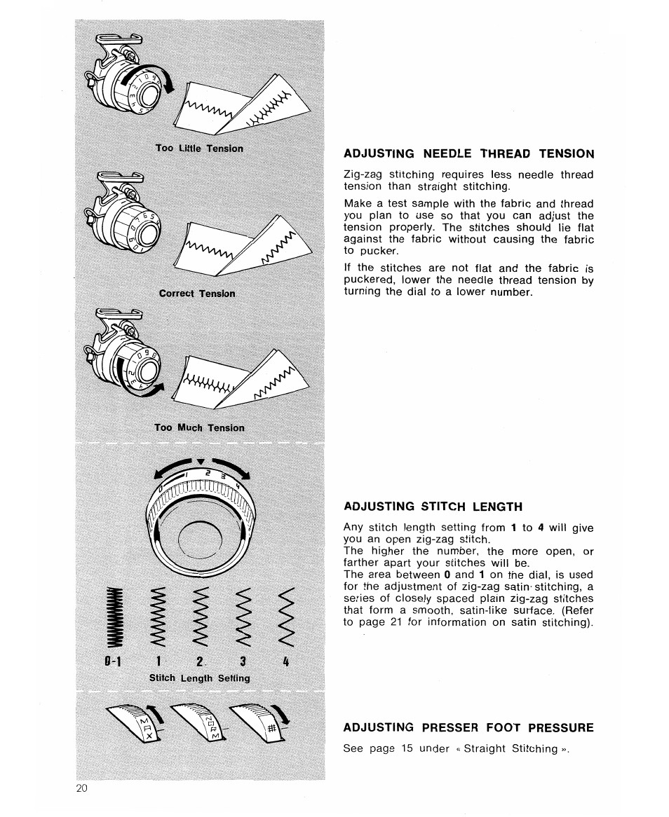 Adjusting needle thread tension, Adjusting stitch length, Adjusting presser foot pressure | SINGER 6105 User Manual | Page 22 / 44