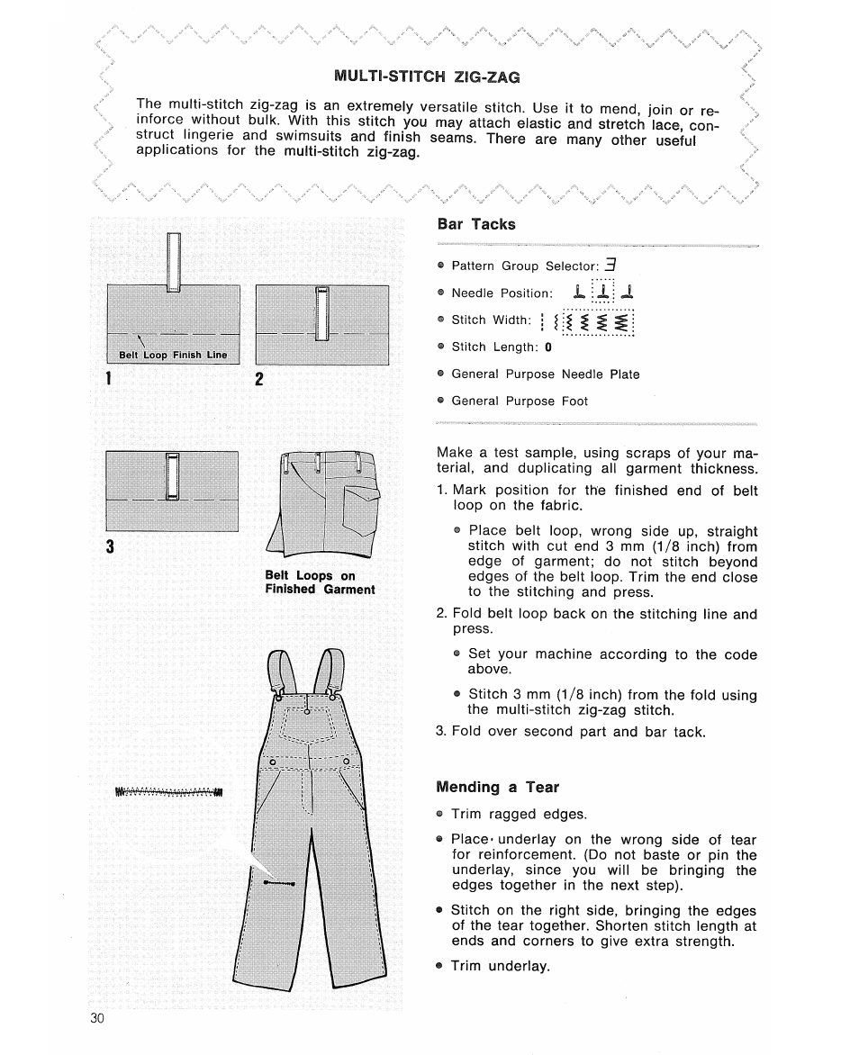 Multi-stitch zig-zag, Bar tacks, Mending a tear | Pattern group selector: 3, Needle position, Stitch width: ; ^ j, Stitch length: 0, Genera! purpose needle plate | SINGER 6105 User Manual | Page 32 / 44