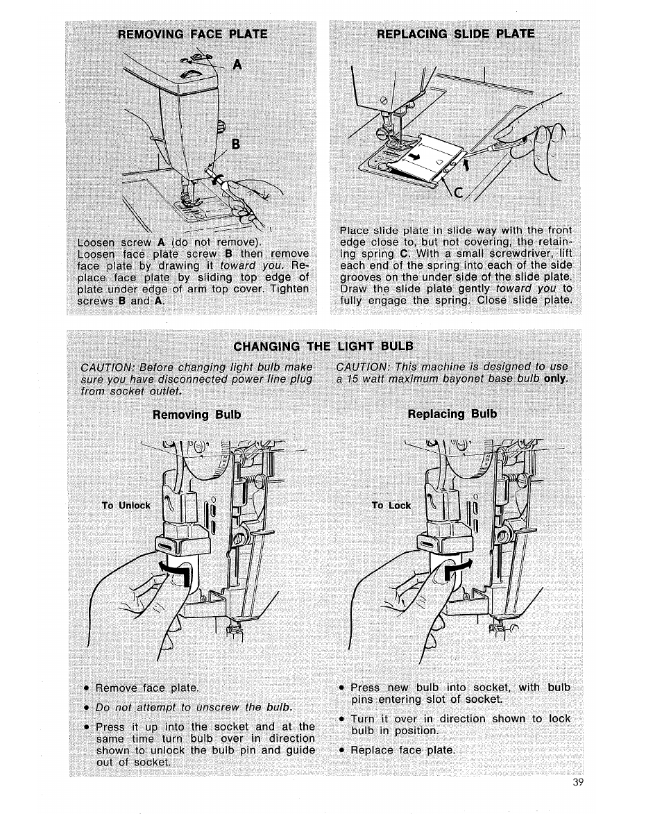 Replacing slide plate, Changing the light bulb | SINGER 6105 User Manual | Page 41 / 44