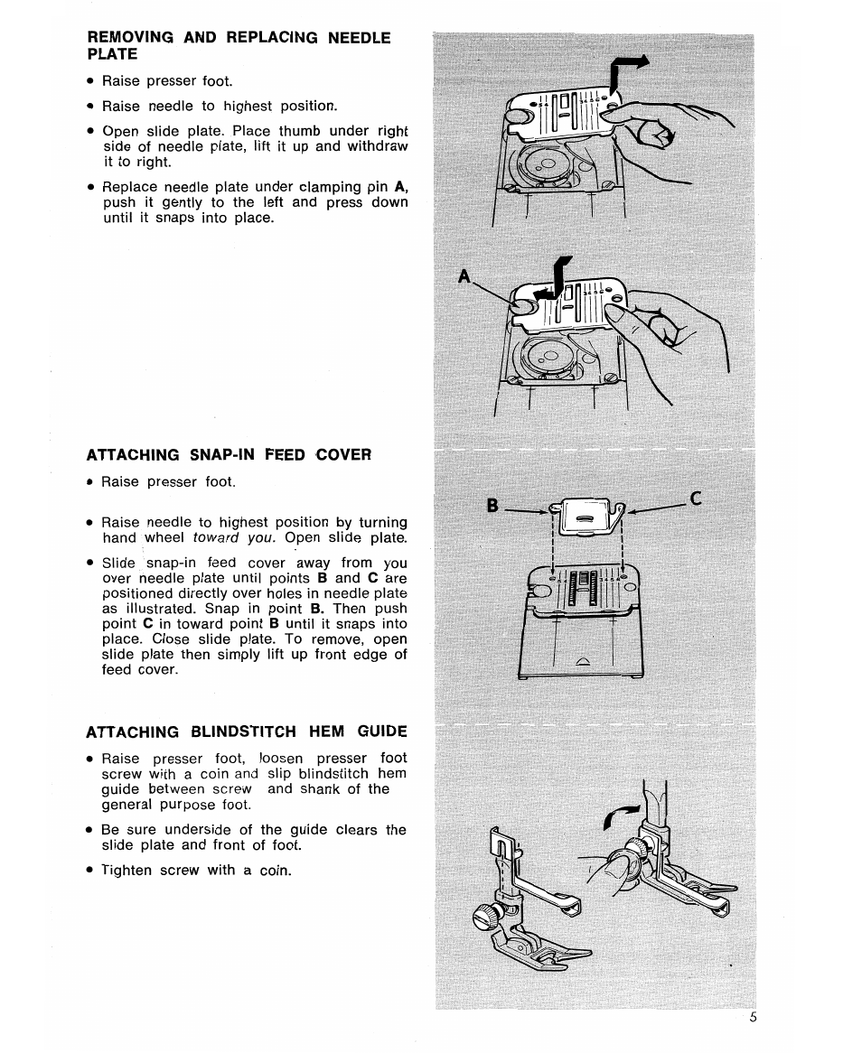 Removing and replacing needle, Plate, Attaching snap-in feed cover | Attaching blindstitch hem guide | SINGER 6105 User Manual | Page 7 / 44