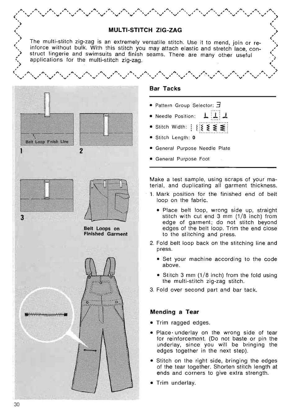 Multi-stitch zig-zag, Bar tacks, Mending a tear | SINGER 6106 User Manual | Page 32 / 44