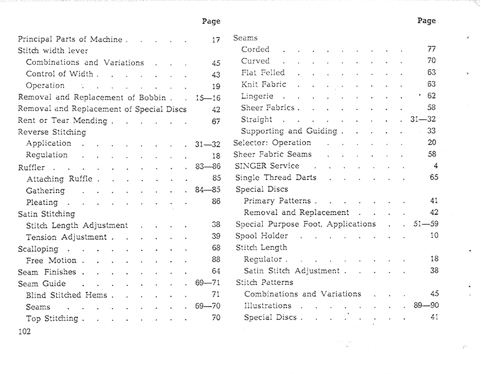 Page, Page prirxcipal parts of machine, 17 seams stitch width lever corded | 77 combinations and variations 45 curved, 70 control of width 43 fiat felled, Operation, 19 knit fabric removal and replacement of bobbin, 15 lingerie, Reverse stitching supporting and guiding, 33 application selector: operation regulation | SINGER 611 User Manual | Page 104 / 108