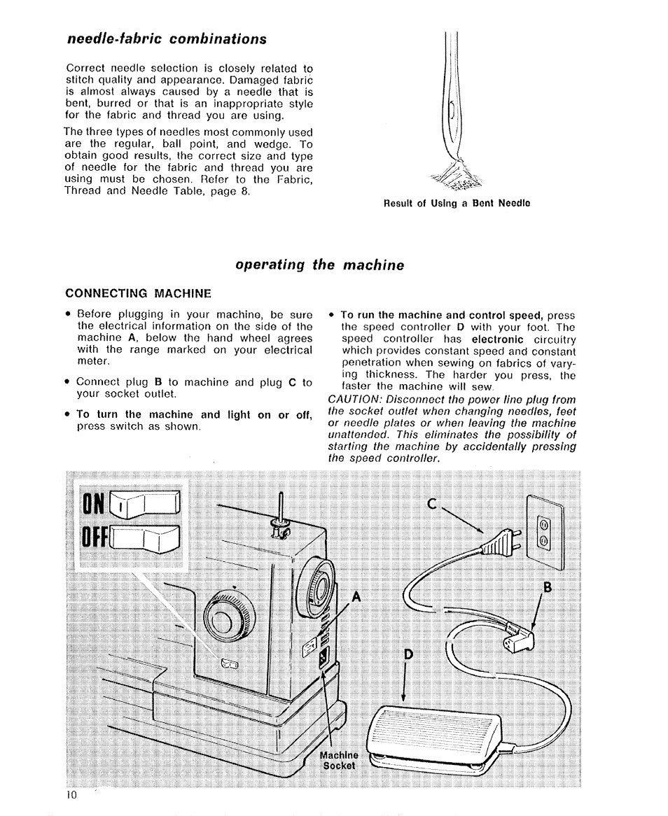 Needie-fabric combinations, Operating the machine, Connecting machine | Needle-fabric combinations operating the machine | SINGER 6110 User Manual | Page 11 / 41