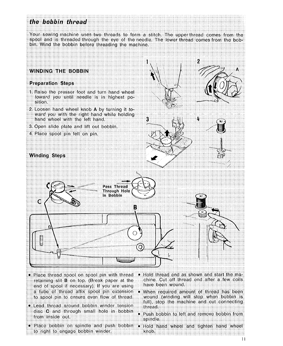 The bobbin thread, Winding the bobbin, Preparation steps | Winding steps | SINGER 6110 User Manual | Page 12 / 41