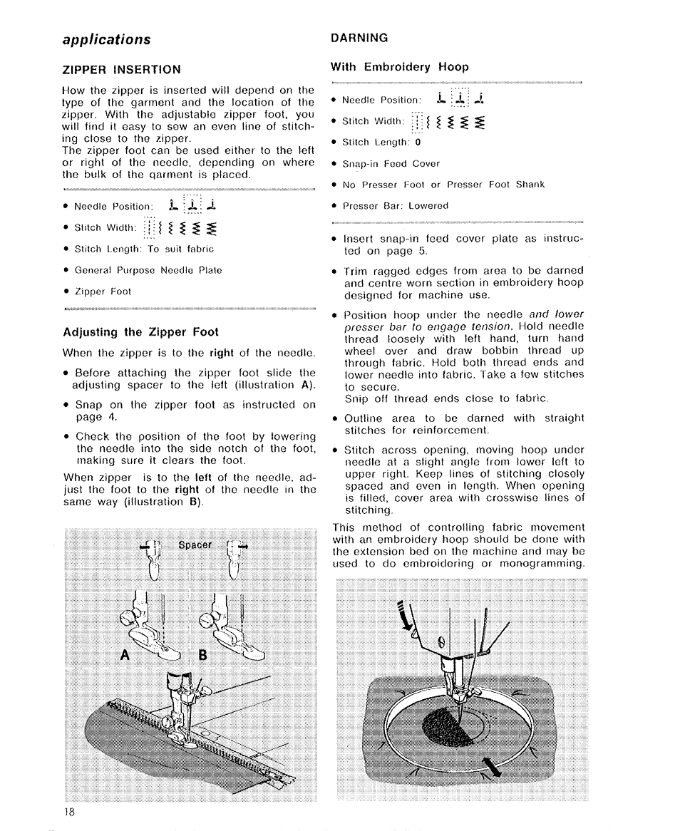 Applications, Zipper insertion, Adjusting the zipper foot | Darning, With embroidery hoop | SINGER 6110 User Manual | Page 19 / 41