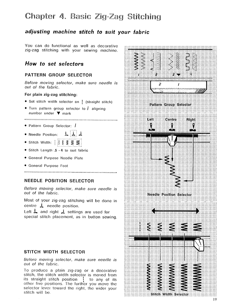 Adjusting machine stitch to suit your fabric, How to set selectors, Pattern group selector | Needle position selector, Stitch width selector, Adjusting machine to suit your, Fabric | SINGER 6110 User Manual | Page 20 / 41