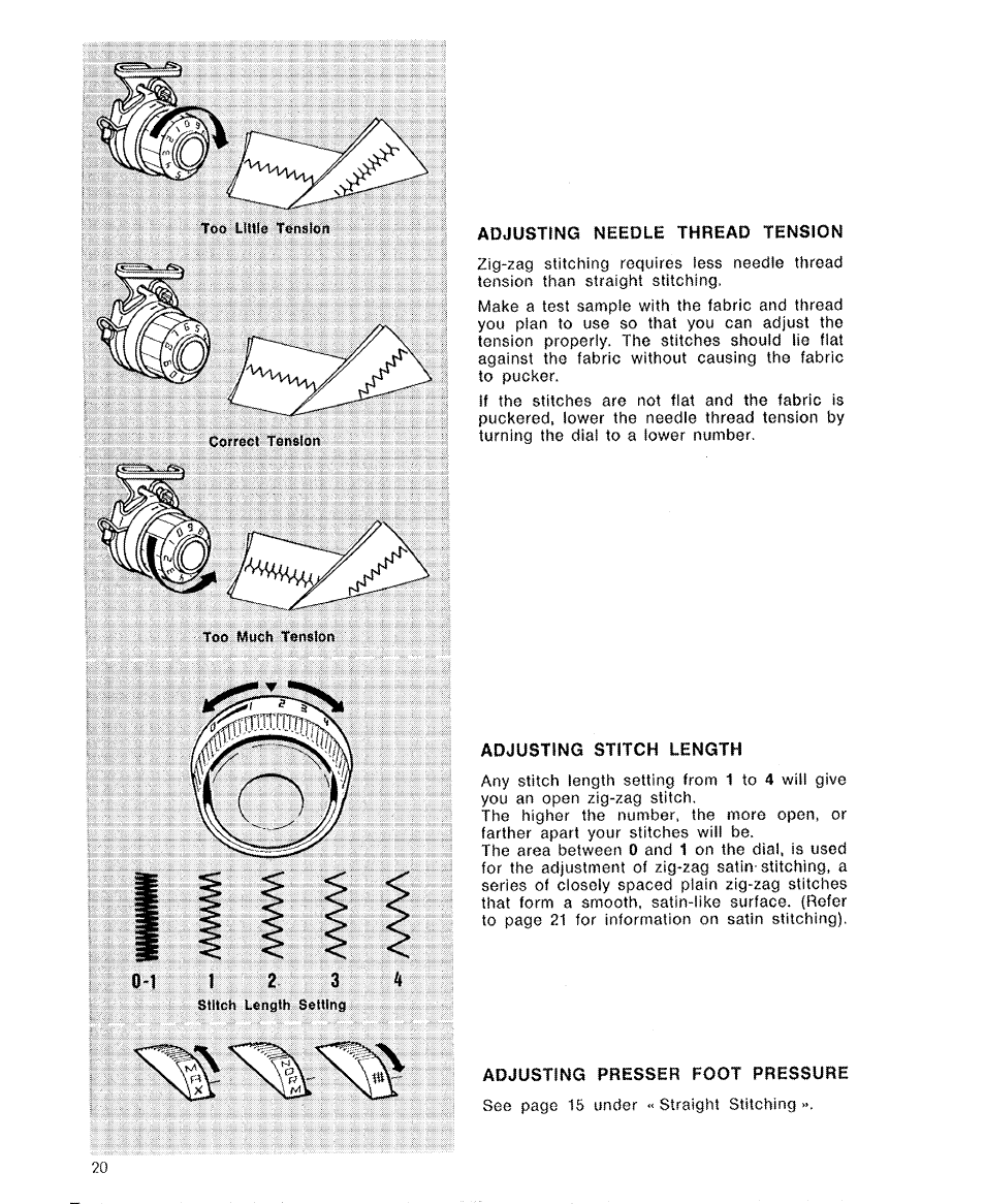 Adjusting needle thread tension, Adjusting stitch length, Adjusting presser foot pressure | SINGER 6110 User Manual | Page 21 / 41