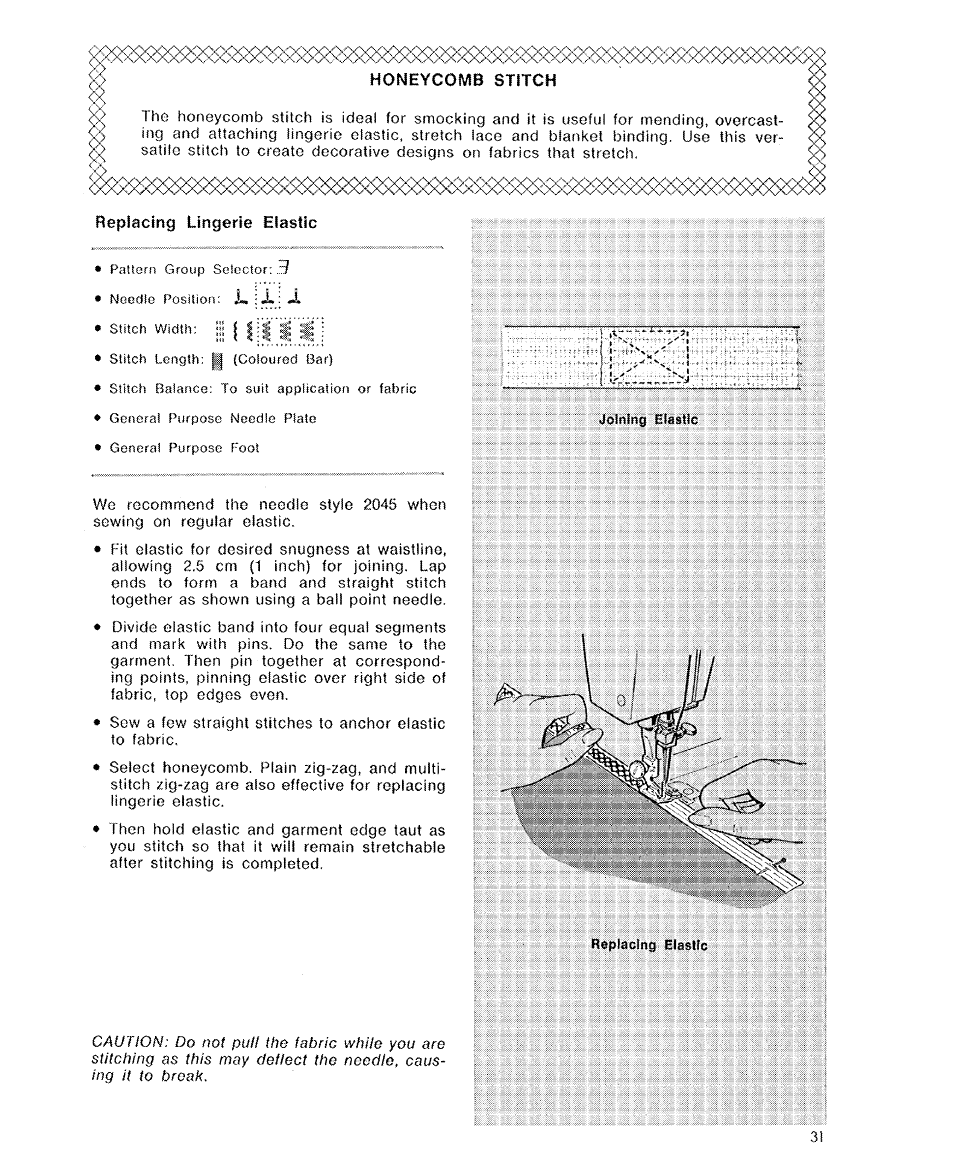 Honeycomb stitch, Replacing lingerie elastic | SINGER 6110 User Manual | Page 32 / 41