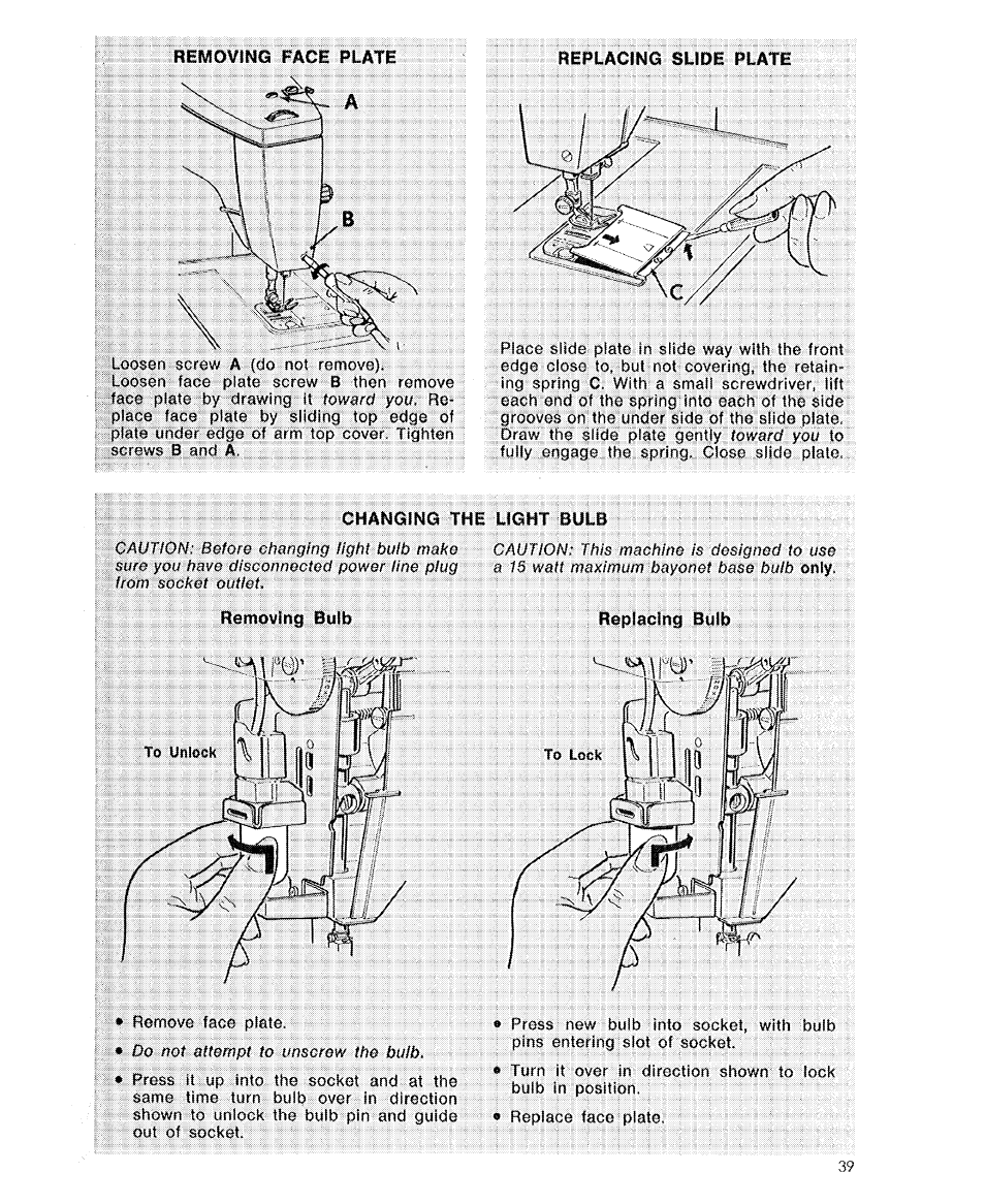 Replacing slide plate, Changing the light bulb | SINGER 6110 User Manual | Page 40 / 41