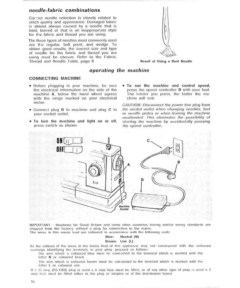 Necdh-fabric combinations, Operating the machine, Connecting machine | Needle-fabric combinations | SINGER 6136 User Manual | Page 12 / 44