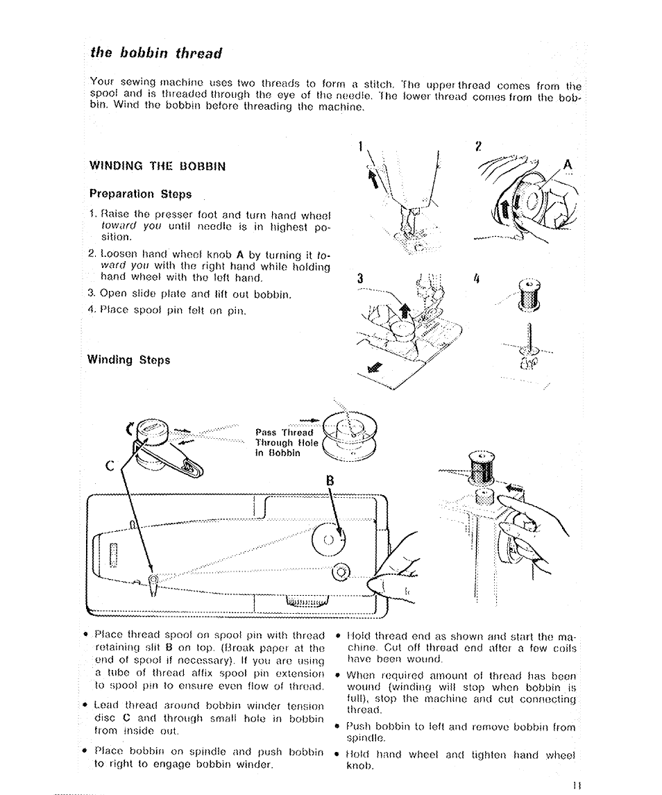 The bobbin thread, Winding the bobbin preparation steps, Winding steps | SINGER 6136 User Manual | Page 13 / 44