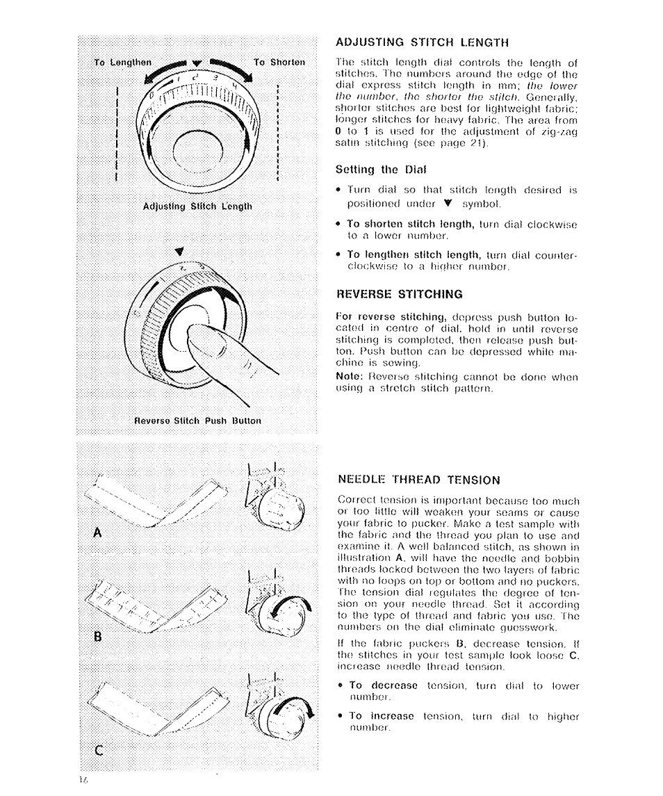 Adjusting stitch length, Setting the dial, Reverse stitching | Needle thread tension | SINGER 6136 User Manual | Page 18 / 44