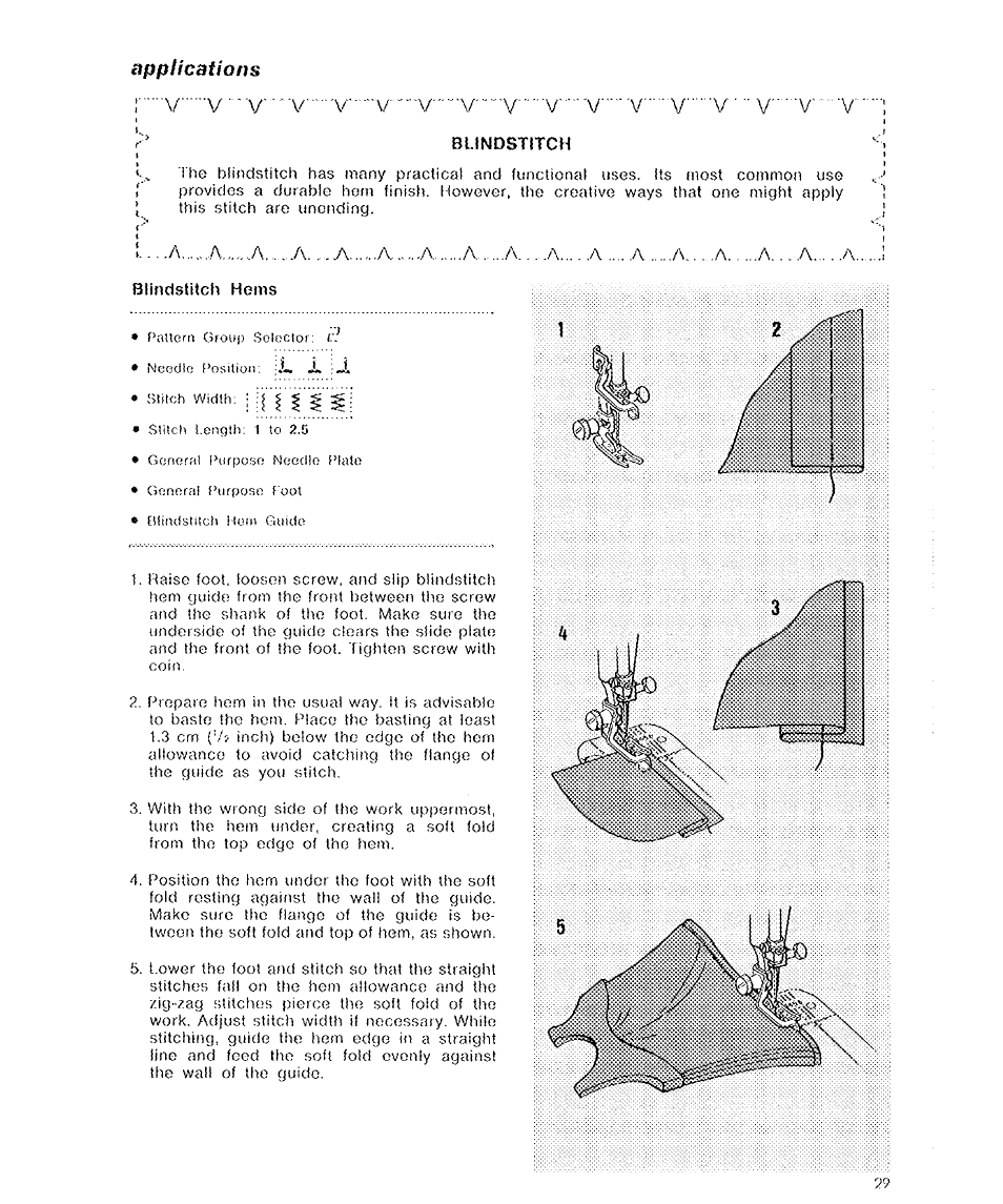 Applications, Blwdstitch, Blindstitch hems | Blindstitch, V... v, Л..л....л...л..... л, Л... .a | SINGER 6136 User Manual | Page 31 / 44