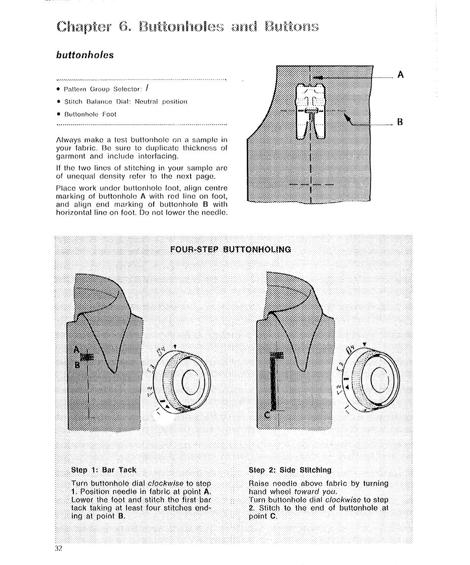 Step 1: bar tack, Step 2: side stitching, Buttonholes | SINGER 6136 User Manual | Page 34 / 44