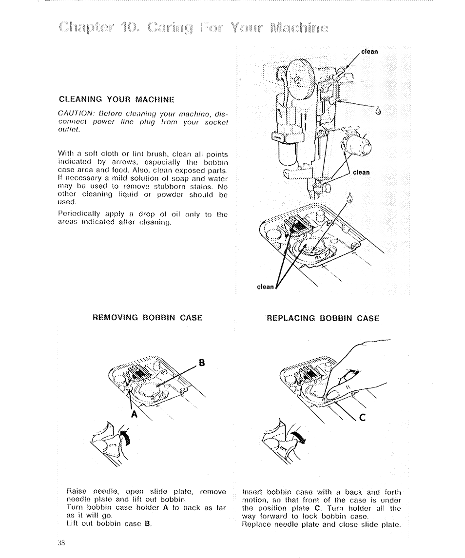 Cleaning your machine, Removing bobbin case, Replacing bobbin case | SINGER 6136 User Manual | Page 40 / 44