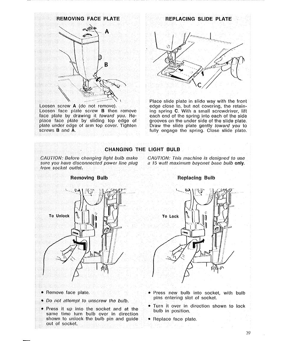 Replacing slide plate, Changing the light bulb | SINGER 6136 User Manual | Page 41 / 44