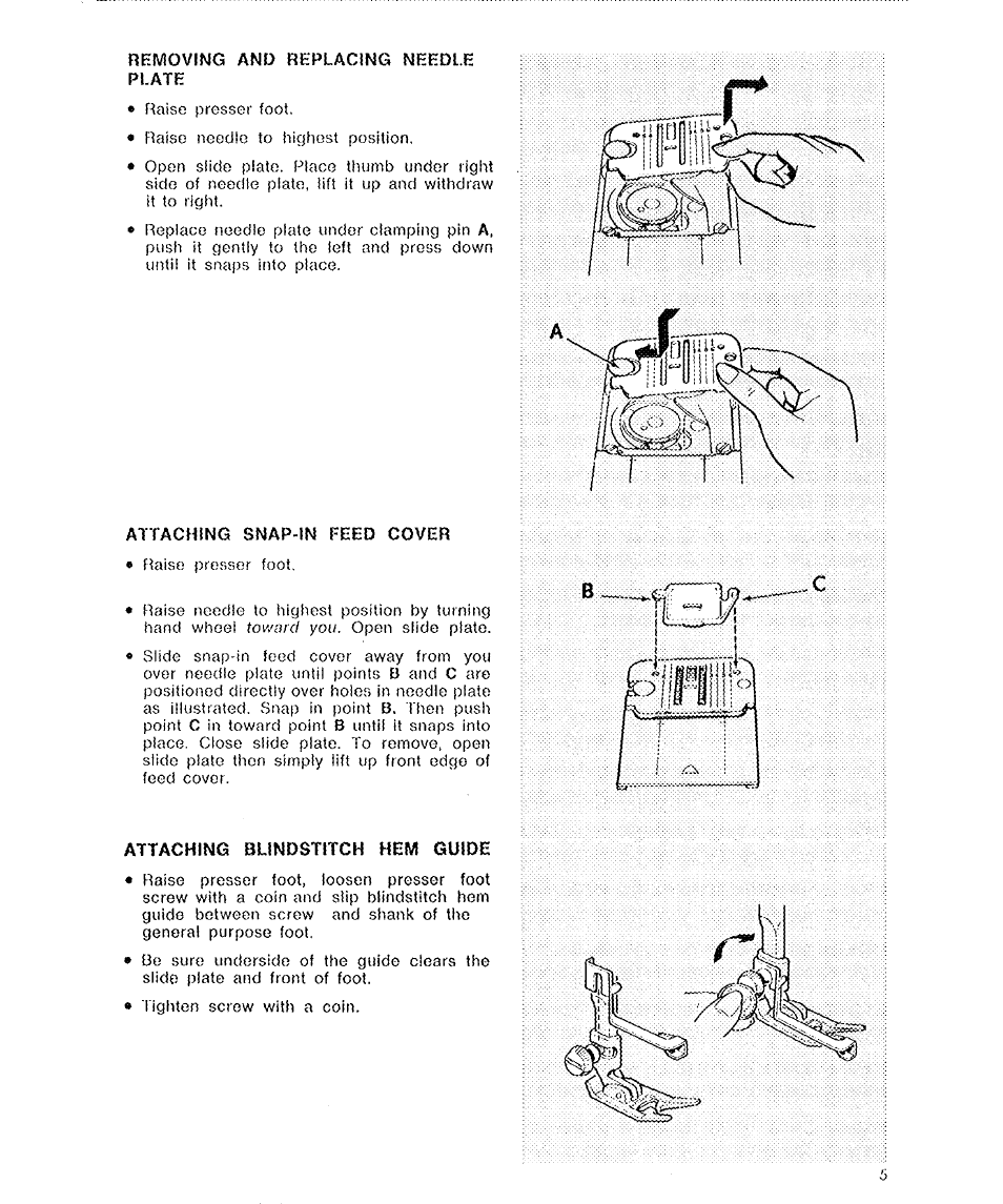 Removing and replacing needle, Plate, Attaching snap-in feed cover | Attaching blindstitch hem guide | SINGER 6136 User Manual | Page 7 / 44