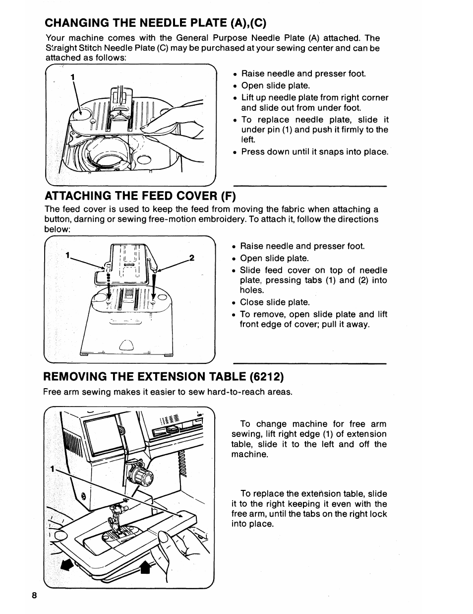 Changing the needle plate (a),(c), Attaching the feed cover (f), Removing the extension table (6212) | Changing the needle plate attaching the feed cover, Removing and replacing the extension table | SINGER 6212 User Manual | Page 10 / 40