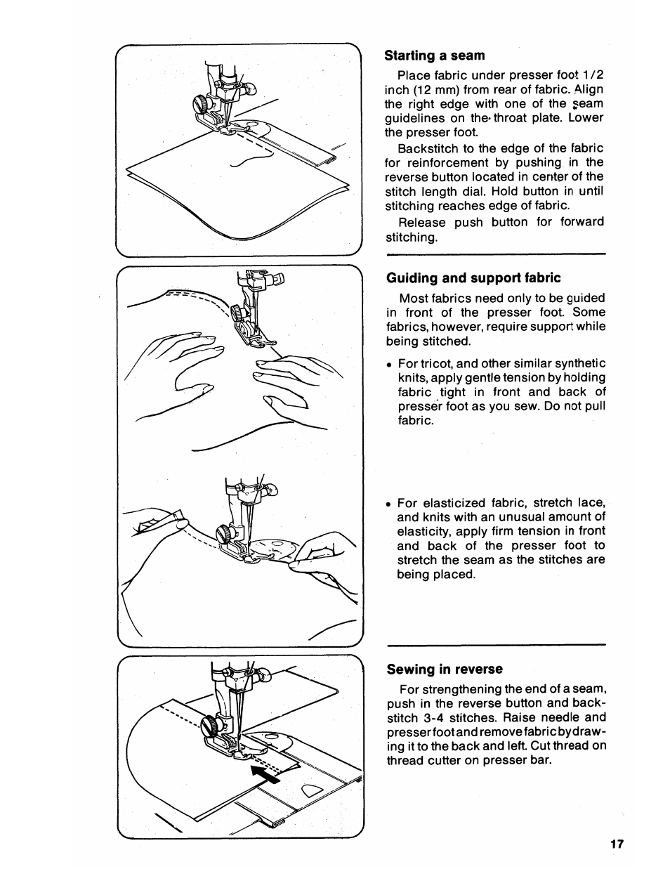 Starting a seam, Guiding and support fabric, Sewing in reverse | SINGER 6212 User Manual | Page 19 / 40