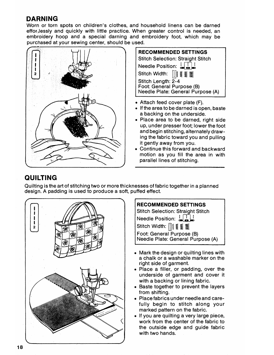Darning, Quilting, Recommended settings | Darning quilting | SINGER 6212 User Manual | Page 20 / 40