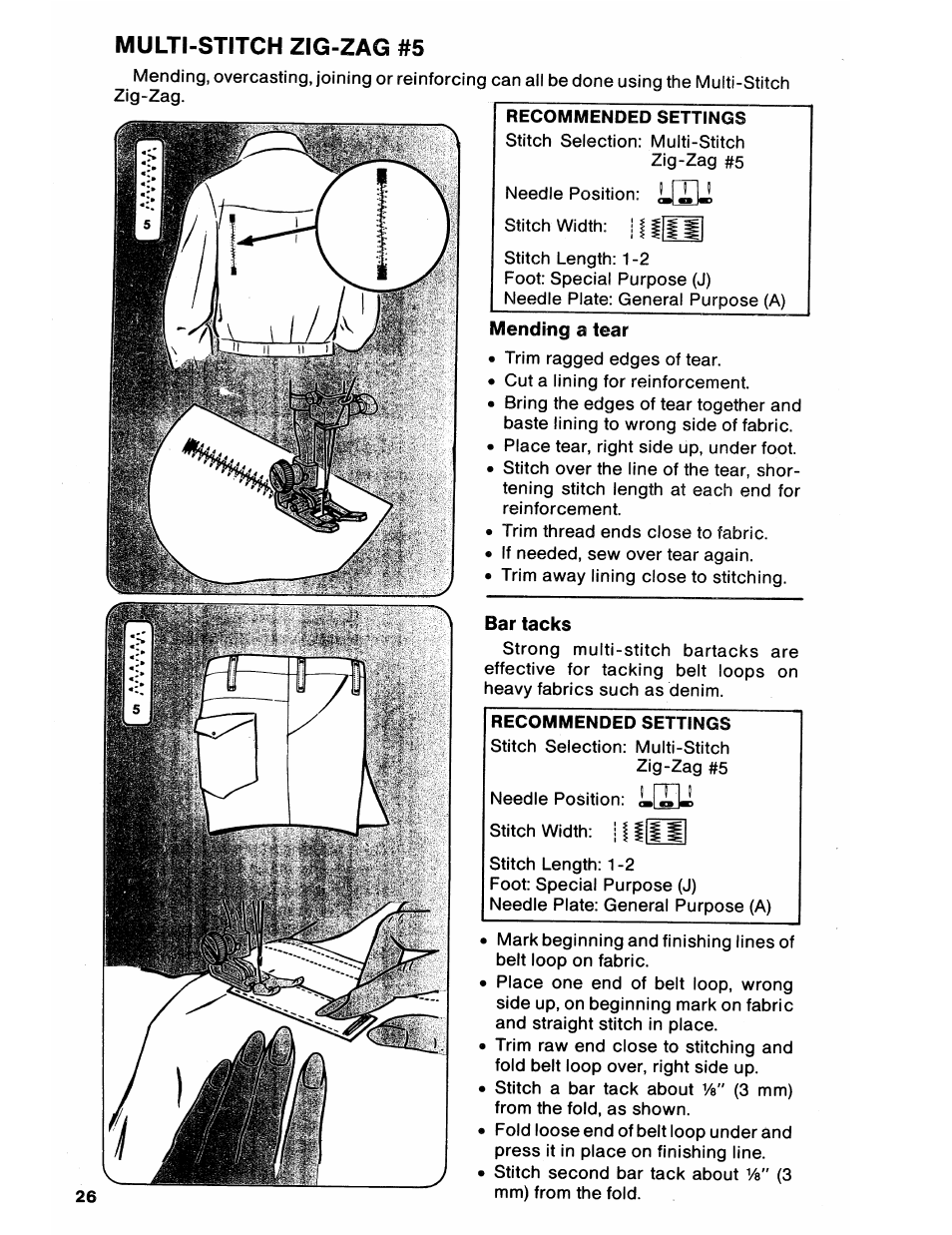 Mending a tear, Bar tacks, Recommended settings | Mending a tear bar tacks, Multi-stitch zig-zag #5 | SINGER 6212 User Manual | Page 28 / 40