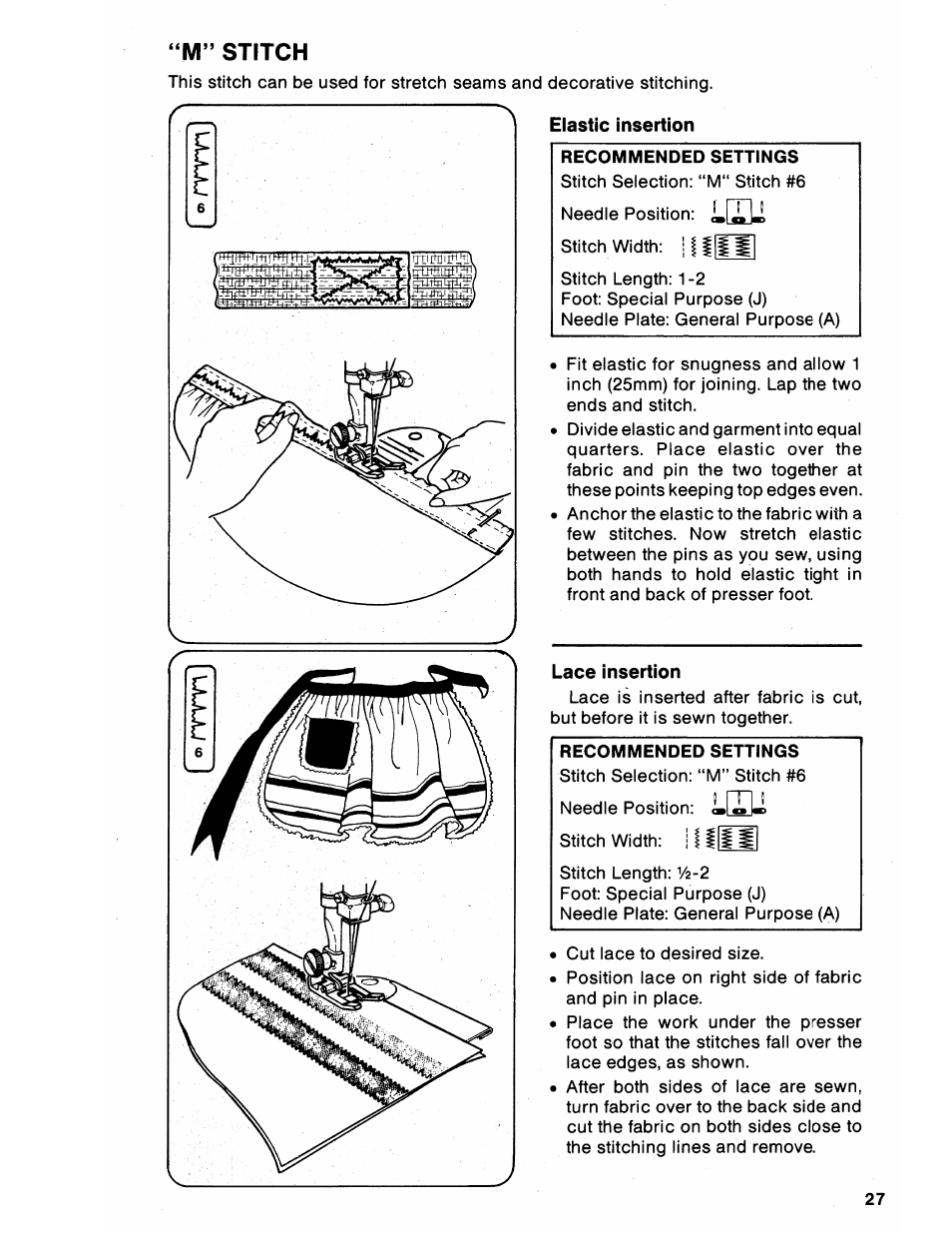 M” stitch, Elastic insertion, Recommended settings | Lace insertion, Elastic insertion lace insertion, J i ||j | SINGER 6212 User Manual | Page 29 / 40