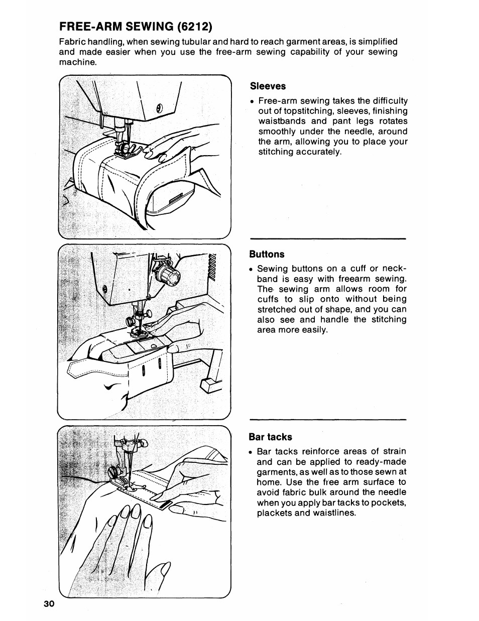 Free-arm sewing (6212), Sleeves, Buttons | Bar tacks, Free-arm sewing | SINGER 6212 User Manual | Page 32 / 40