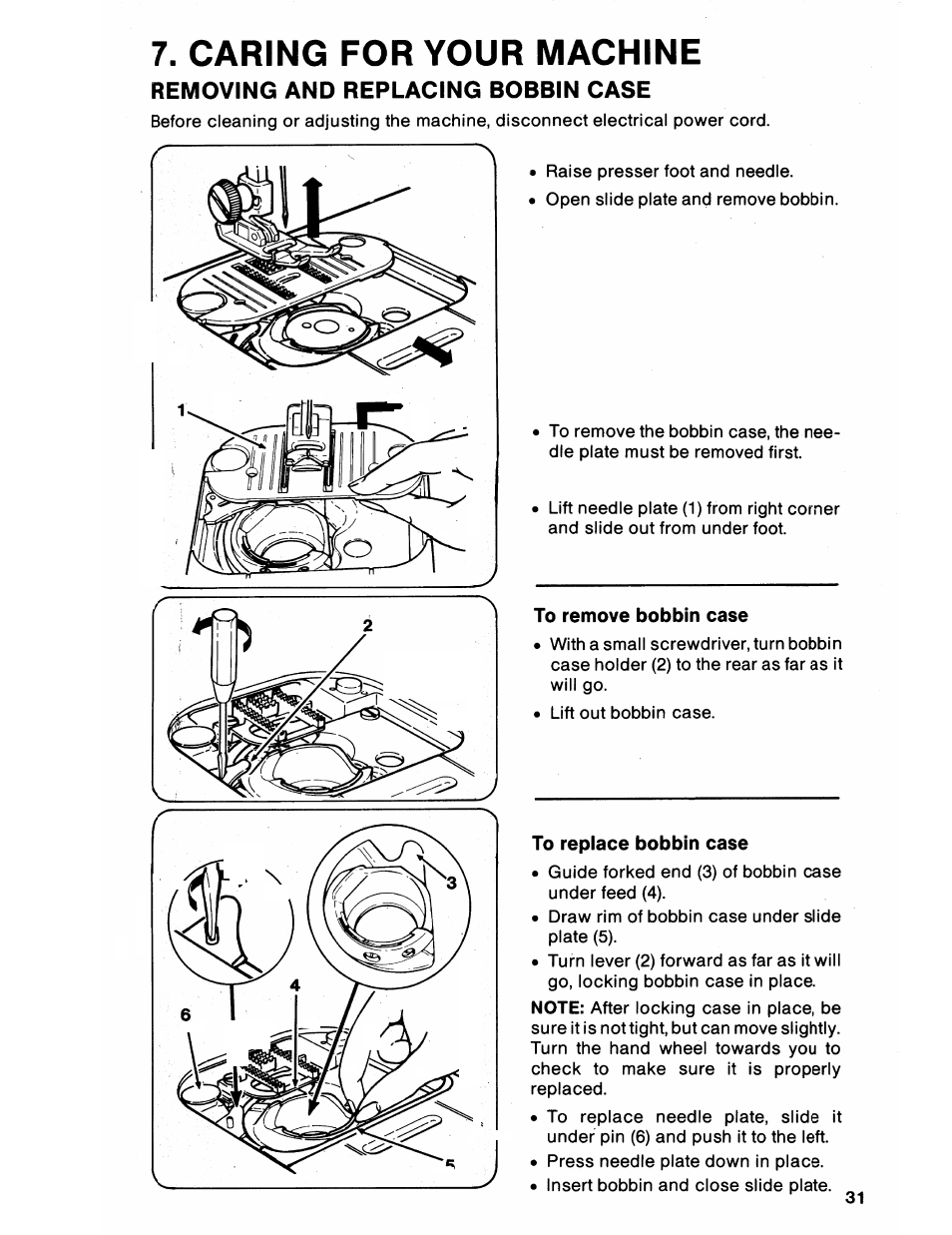 Caring for your machine, Removing and replacing bobbin case, To remove bobbin case | To replace bobbin case, Section 7. caring for your machine | SINGER 6212 User Manual | Page 33 / 40