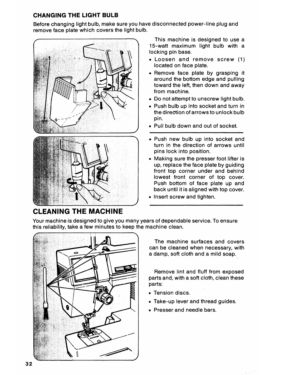 Changing the light bulb, Cleaning the machine, Changing the light bulb cleaning the machine | SINGER 6212 User Manual | Page 34 / 40