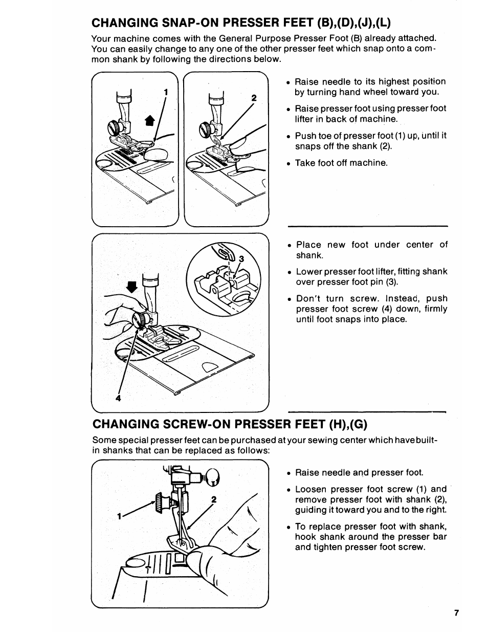 Changing snap-on presser feet (b),(d),(j),(l), Changing screw-on presser feet (h),(g) | SINGER 6212 User Manual | Page 9 / 40