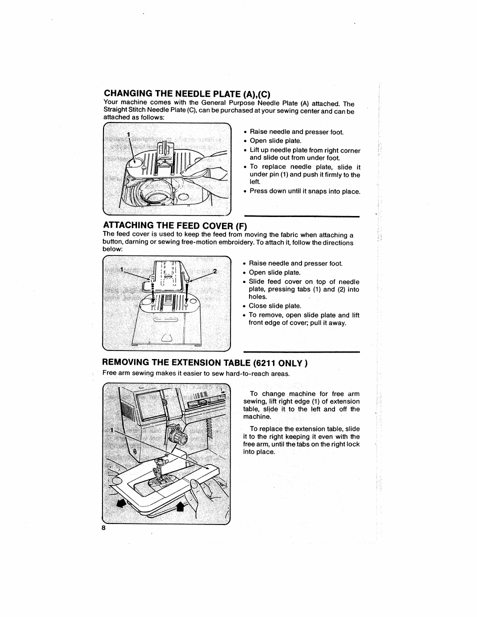 Changing the needle plate (a),(c), Attaching the feed cover (f), Removing the extension table (6211 only) | Changing the needle plate, Attachingthe feed cover | SINGER 6211 User Manual | Page 10 / 36