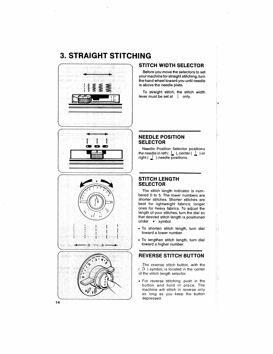 Straight stitching, Stitch width selector, Needle position selector | Stitch length selector, Reverse stitch button | SINGER 6211 User Manual | Page 16 / 36