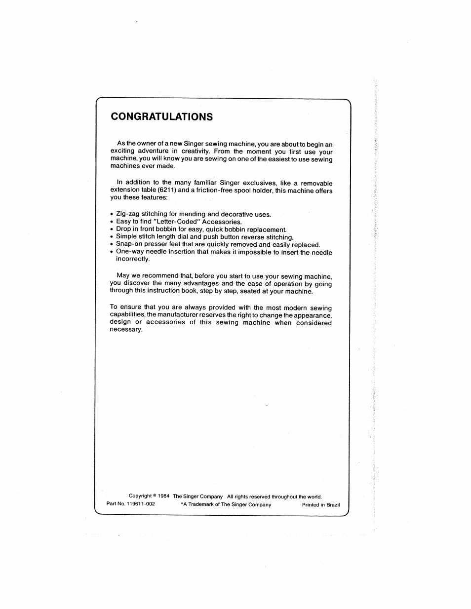 Congratulations | SINGER 6211 User Manual | Page 2 / 36