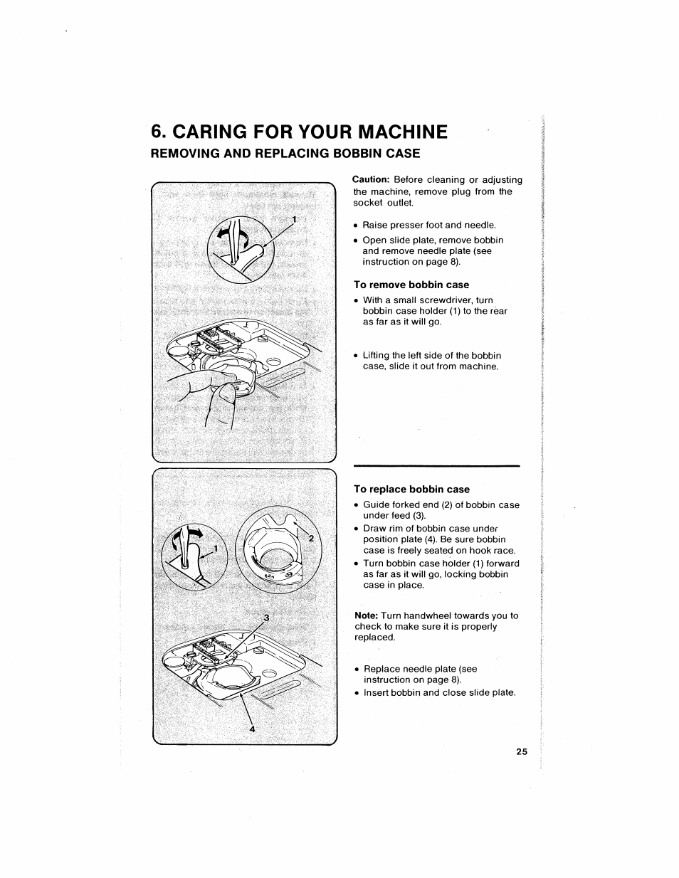 Caring for your machine, Removing and replacing bobbin case, Removing and replacing the extension table | Section 6 caring for your machine | SINGER 6211 User Manual | Page 27 / 36