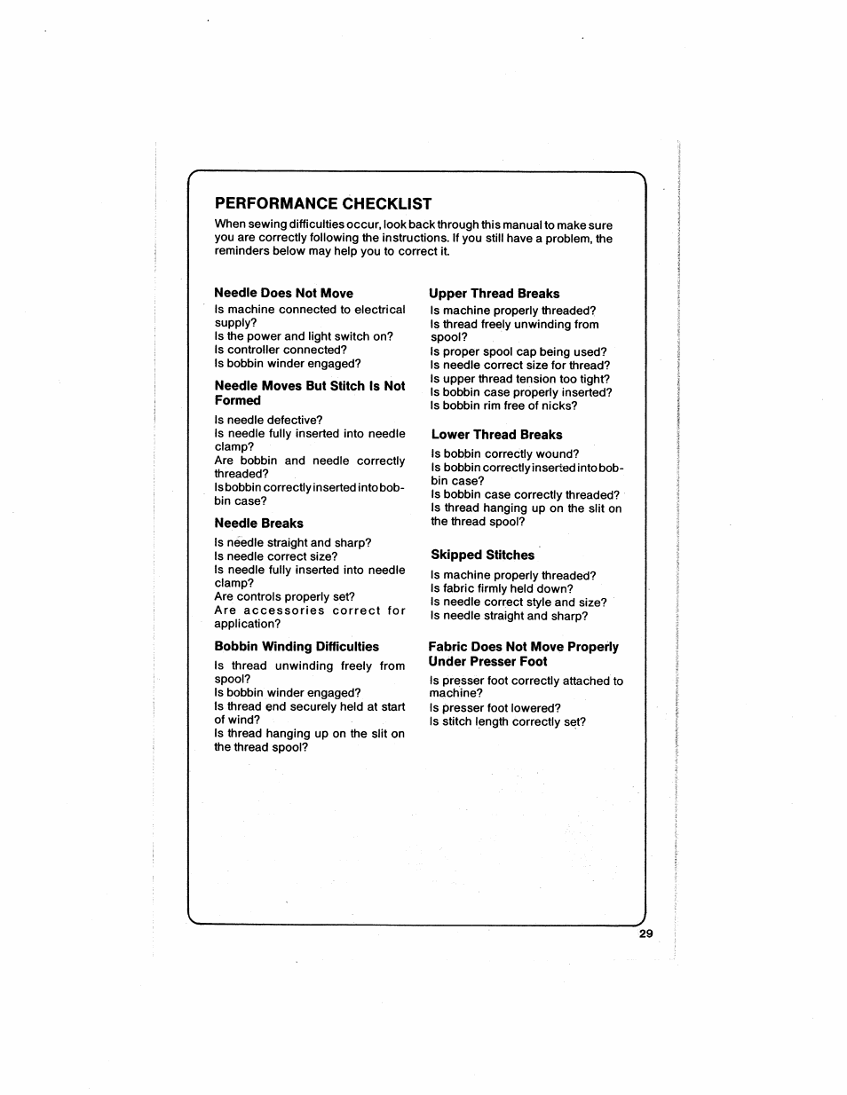 Performance checklist, Performance ghegkust | SINGER 6211 User Manual | Page 31 / 36