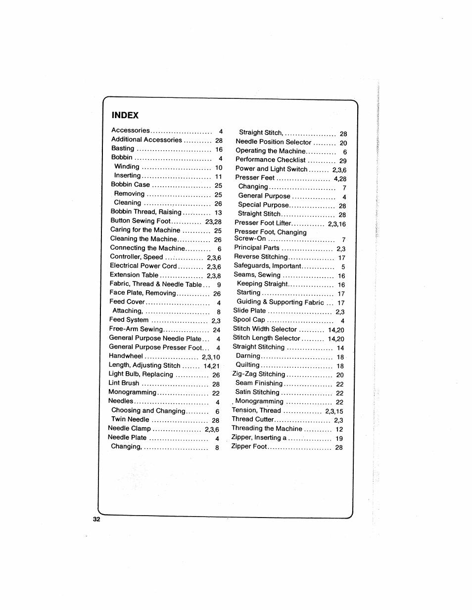 Index | SINGER 6211 User Manual | Page 34 / 36