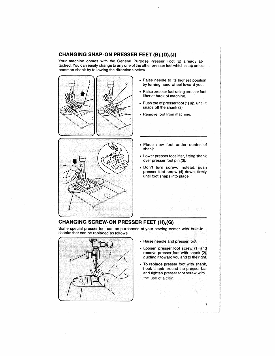 Changing snap-on presser feet (b),(d),(j), Changing screw-on presser feet (h),(g) | SINGER 6211 User Manual | Page 9 / 36