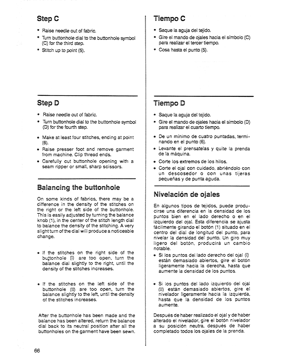 Step d, Balancing the byttorihole, Mivelaclón de ojales | Step c tiempo c | SINGER 6606 User Manual | Page 68 / 92