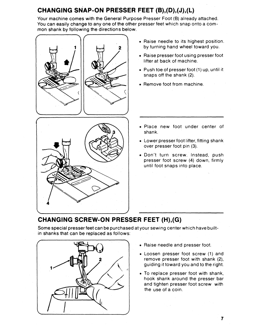 Changing snap-on presser feet (b),(d),(j),(l), Changing screw-on presser feet (h),(g) | SINGER 6215 User Manual | Page 9 / 48