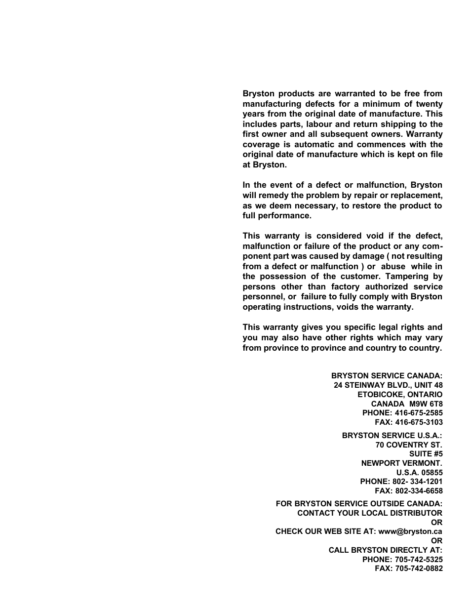 Bryston 20 -year warranty | Bryston 7B SST User Manual | Page 14 / 14