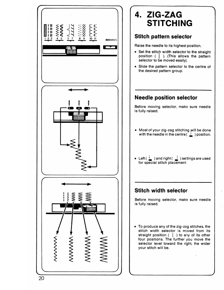 Zig-zag stitching, Stitch pattern selector, Needle position selector | Stitch width selector | SINGER 6217 User Manual | Page 22 / 48