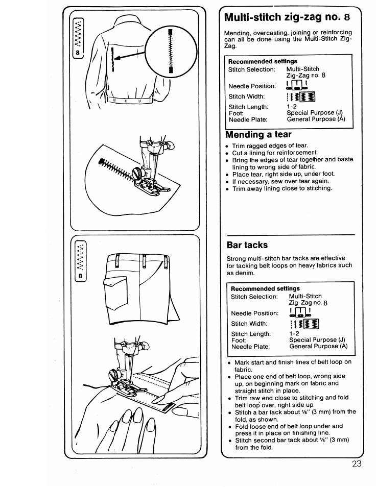 Multi-stitch zig-zag no. 8, Multi stitch zig-zag no. 8, Iiilezl | Hill, Mending a tear, Bar tacks | SINGER 6217 User Manual | Page 25 / 48