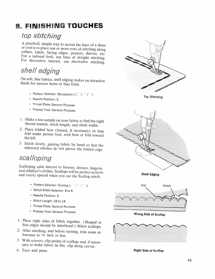 S. finishing touches, Top st/tciimg, She// edging | Scalloping, Finishing touches, Shell edging | SINGER 626E6 Touch & Sew User Manual | Page 47 / 64