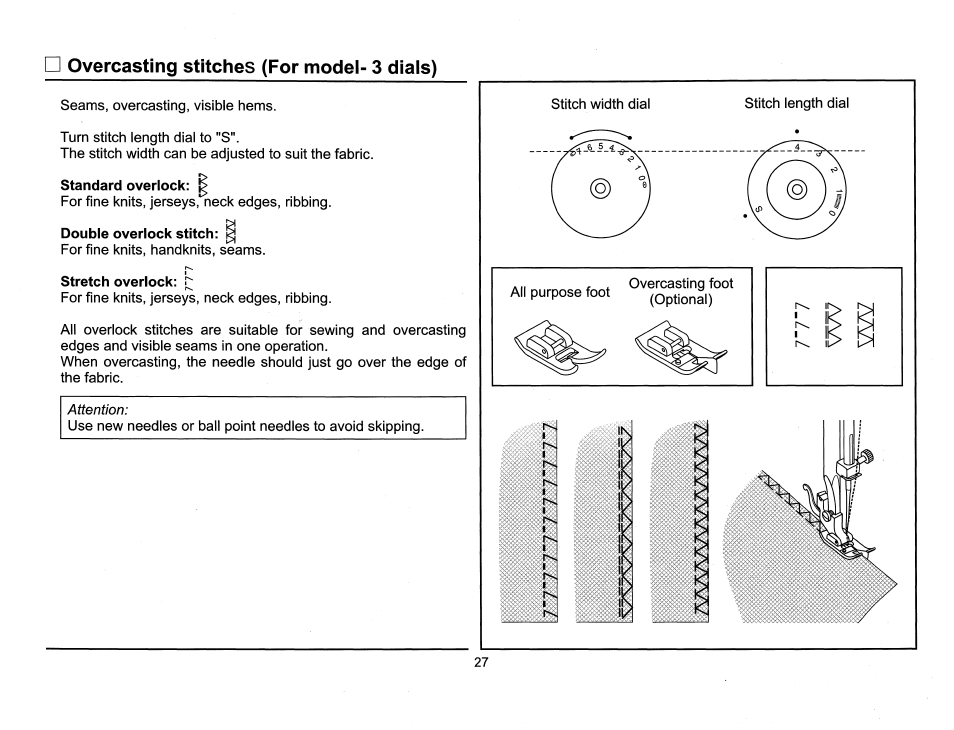 Stretoh overlook, Overcasting stitches (for model- 3 dials) | SINGER 6510 Scholastic User Manual | Page 30 / 54