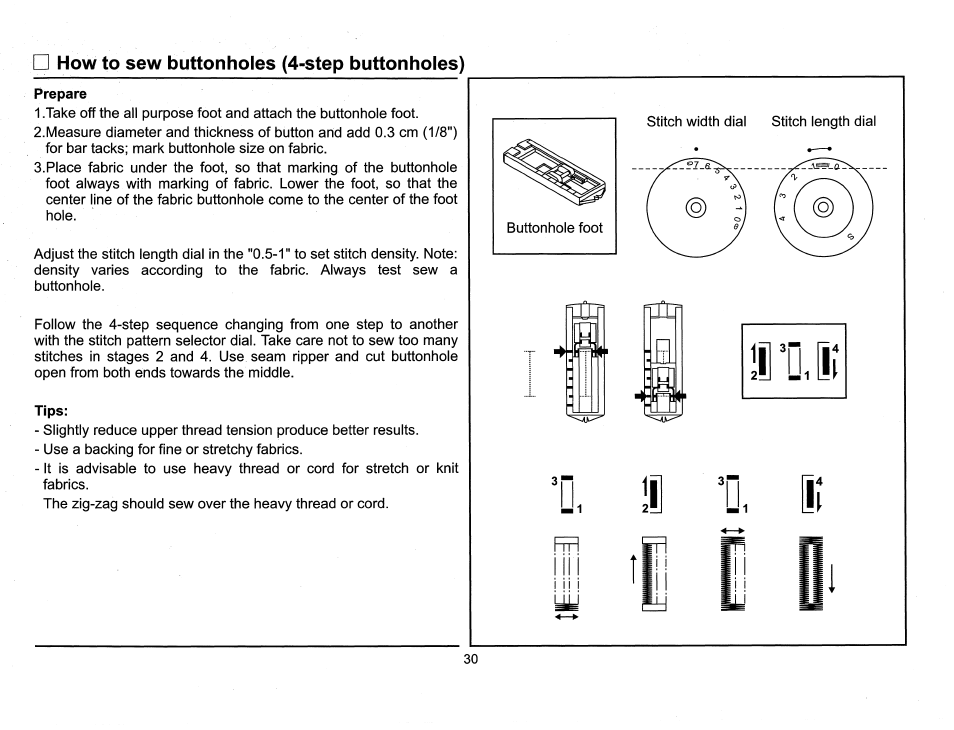 Prepare, Tips, I] ’d, i | How to sew buttonholes (4-step buttonholes) | SINGER 6510 Scholastic User Manual | Page 33 / 54