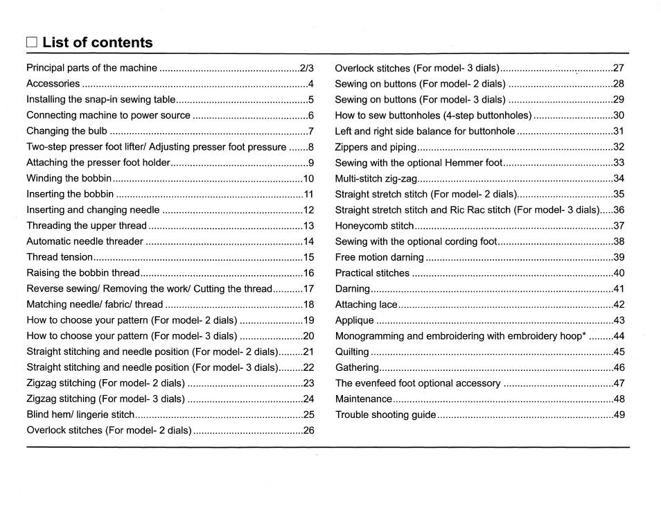 List of contents | SINGER 6510 Scholastic User Manual | Page 4 / 54